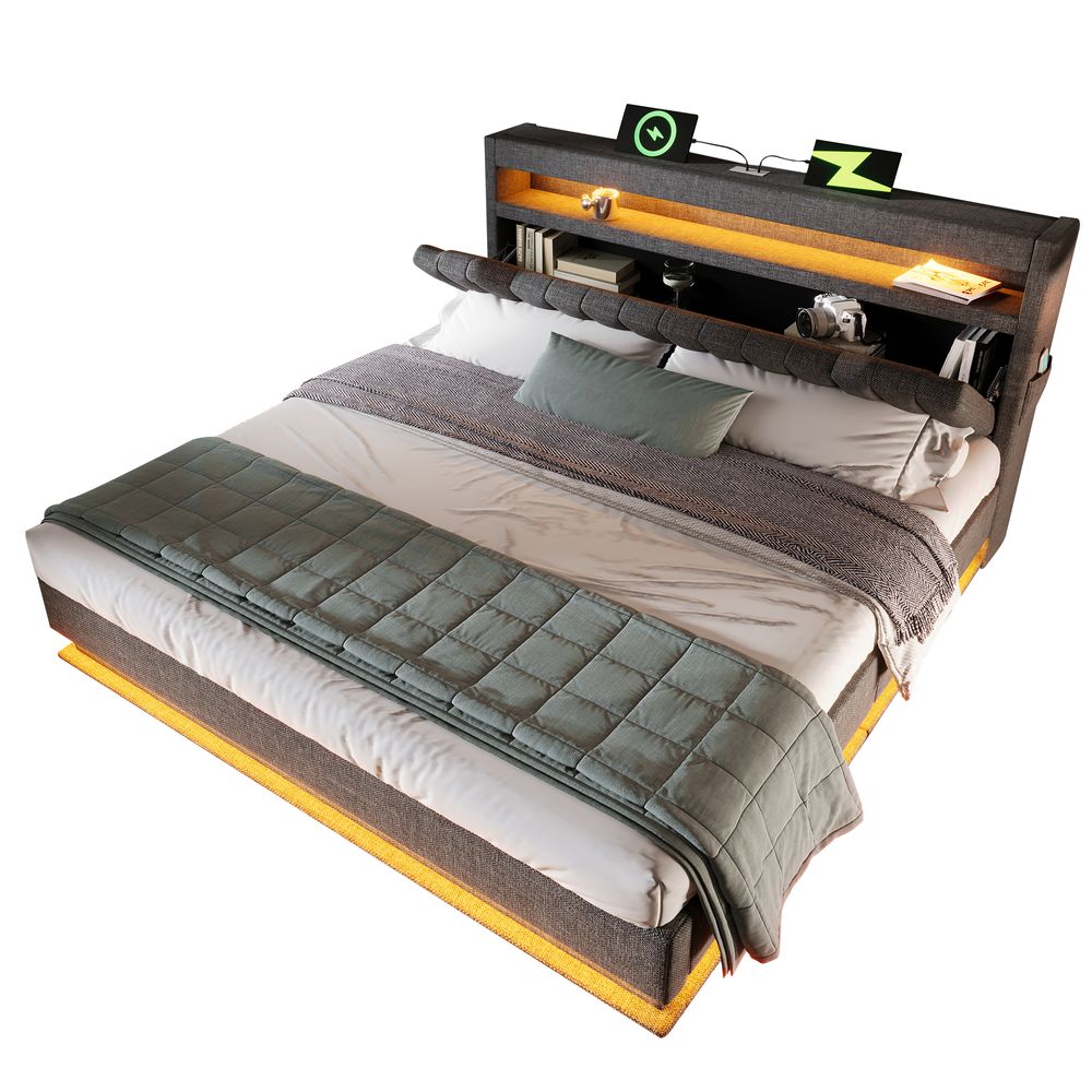 Flieks Polsterbett 180x200cm mit Ladefunktion (USB & Type-C), Doppelbett Jugendbett mit Led, Stauraumbett Boxspringbett mit Stauraum, Leinen, Grau