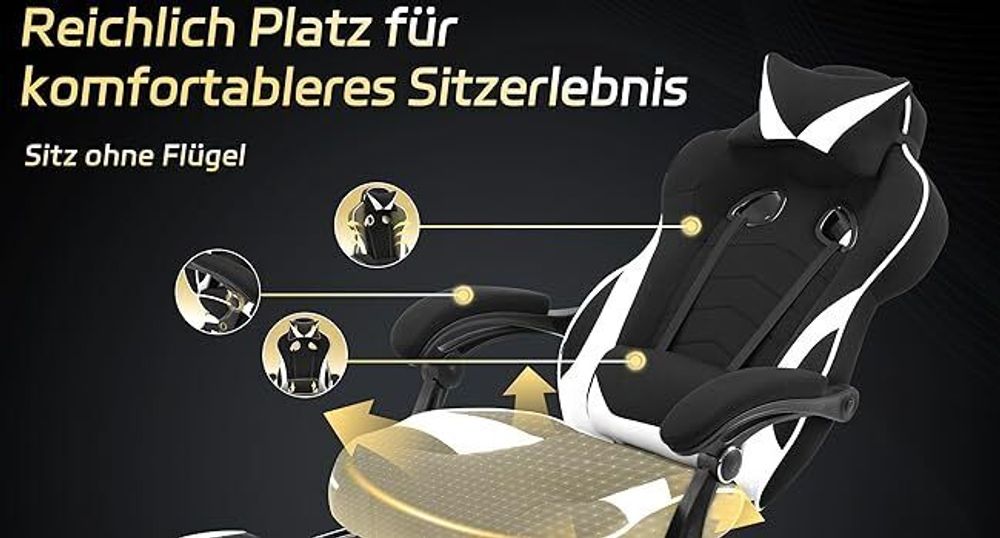 WOLTU Gaming Stuhl Racing Stuhl Bürostuhl Chefsessel mit Kopfstütze und Lendenkissen, Fußstütze, Stoff, Weiß, BS83ws