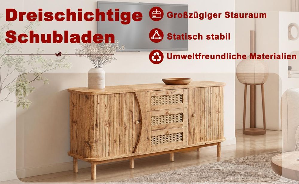 okwish Sideboard in Holzoptik mit Schiebetüren, Aufbewahrungsschrank mit verstellbaren Einlegeböden und abgerundeter Platte,Kommode mit Rattan