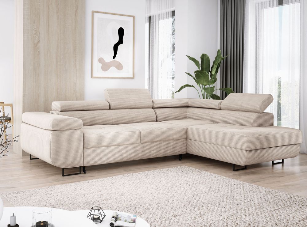 Ecksofa MONTANA mit einstellbare Kopfstützen, Eckcouch mit Schlaffunktion und Bettkasten, Sofa Cord, Polsterecke, Wohnlandschaft Rechts Cremig PS100