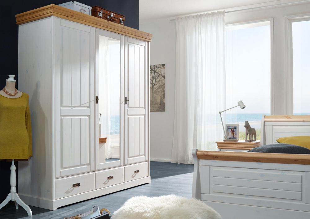 Lebenswert Kleiderschrank SZ-0132 – Kleiderschrank aus massiver Kiefer mit Spiegeltür und viel Staur