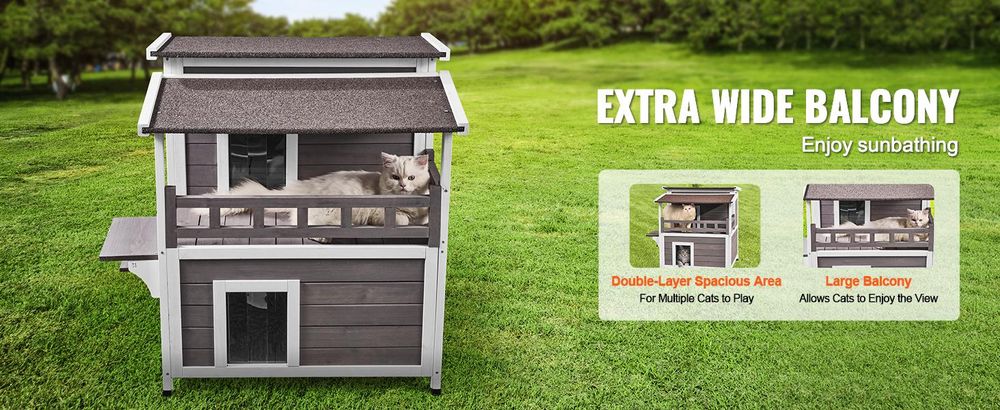 VEVOR Katzenhaus für draußen, wetterfest, Unterschlupf für Wildkatzen für mehrere Katzen, großes 2-stöckiges Katzenhaus aus Holz für draußen mit Balkon, Türen, PVC-Türklappen und offenem Dach, 76,2 cm L x 76,2 cm B x 81,3 cm H
