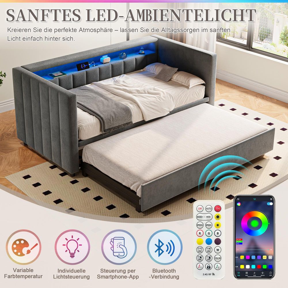 STILVORA Schlafsofa 90x190 cm mit ausziehbarem Bett, Jugendbett mit USB-Type-C-Anschluss und LED-Ambiente, Samt, Grau