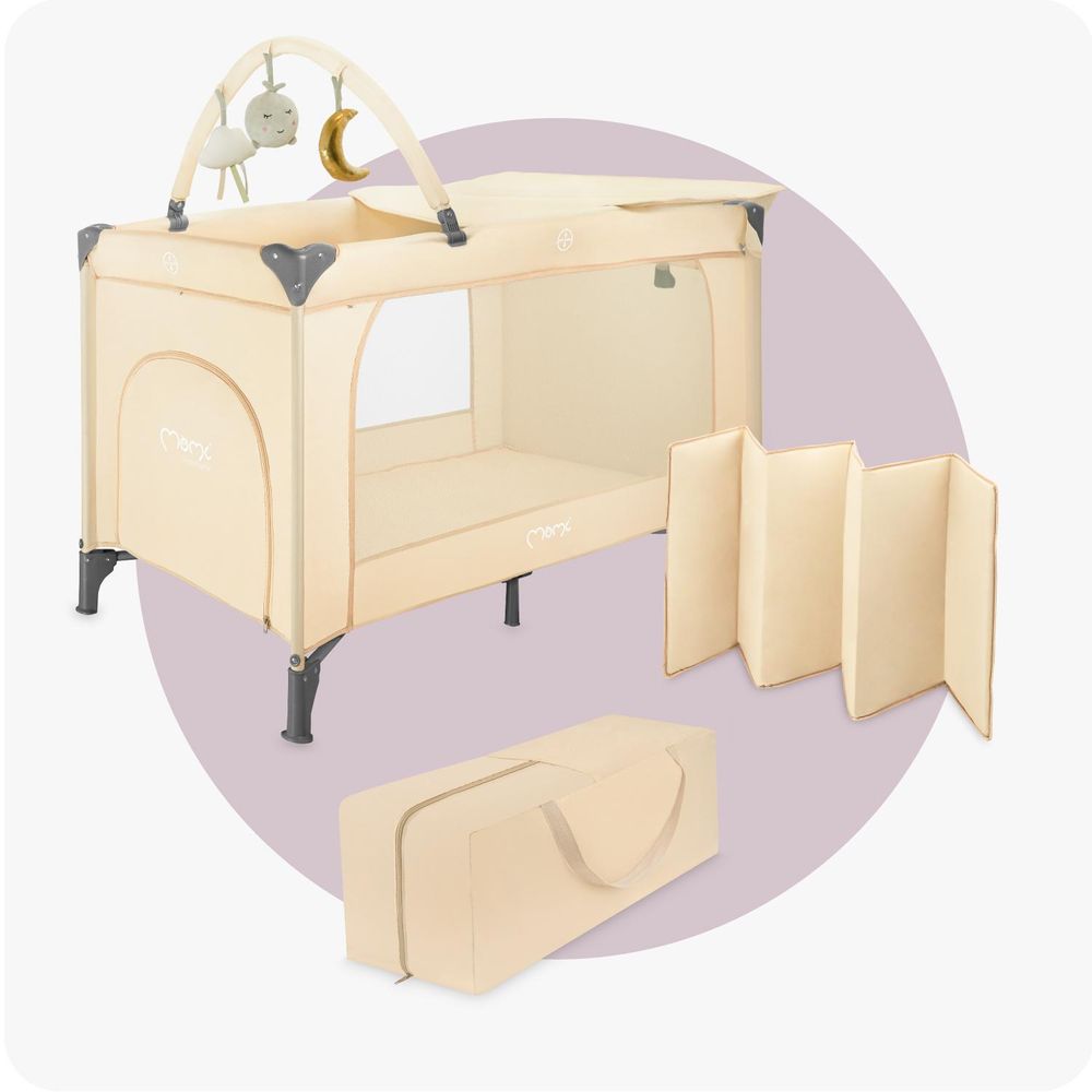 MoMi BELOVE PLUS – Babyreisebett mit Matratze, Spielbogen & Wickeltisch, 2 Ebenen, Zubehör inkl. – Beige