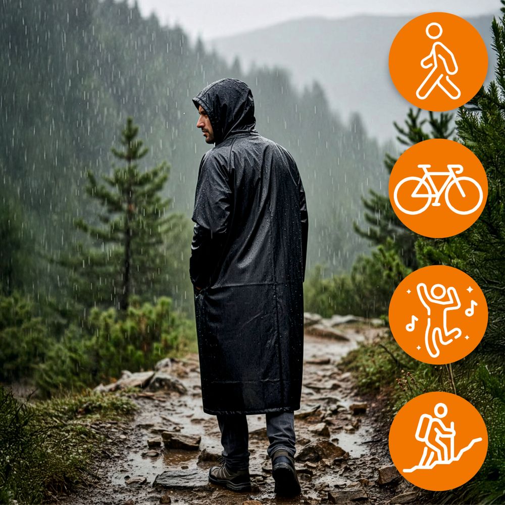 Regenponcho Damen Herren, Regenmantel Wasserdicht aus EVA, Leichter Regenschutz mit Kapuze, EVI SPORT StormGuard Black