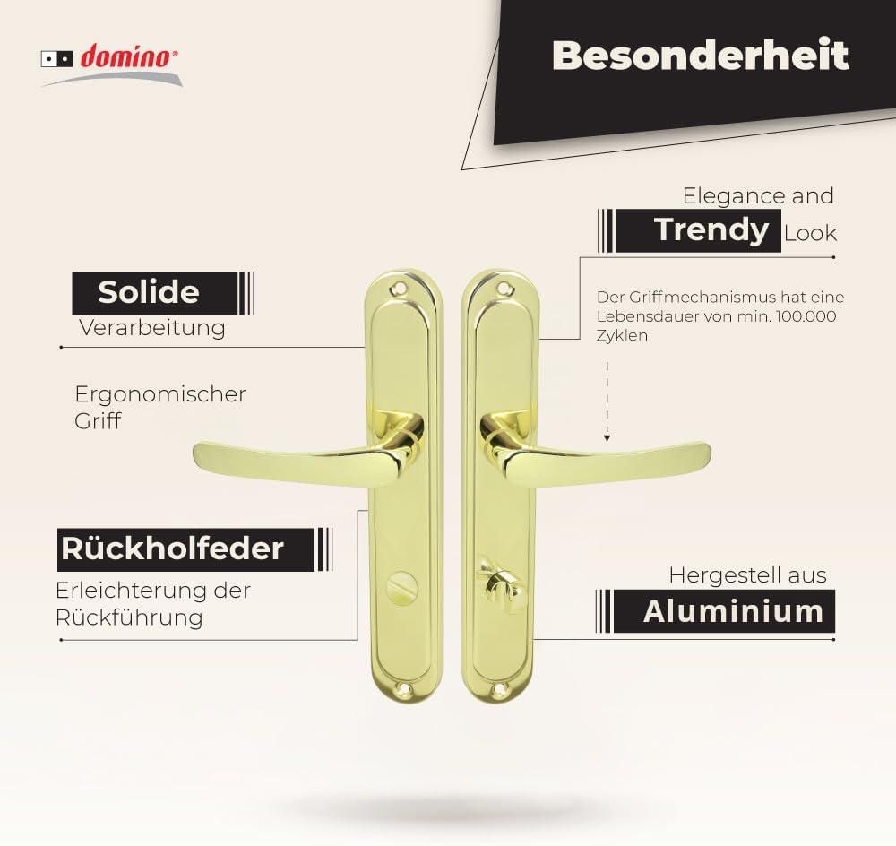 Domino Türdrücker-Garnitur ROMANA Langschild – Bad/WC Verriegelung – Messing Poliert – Klassische Badezimmer-Türklinke