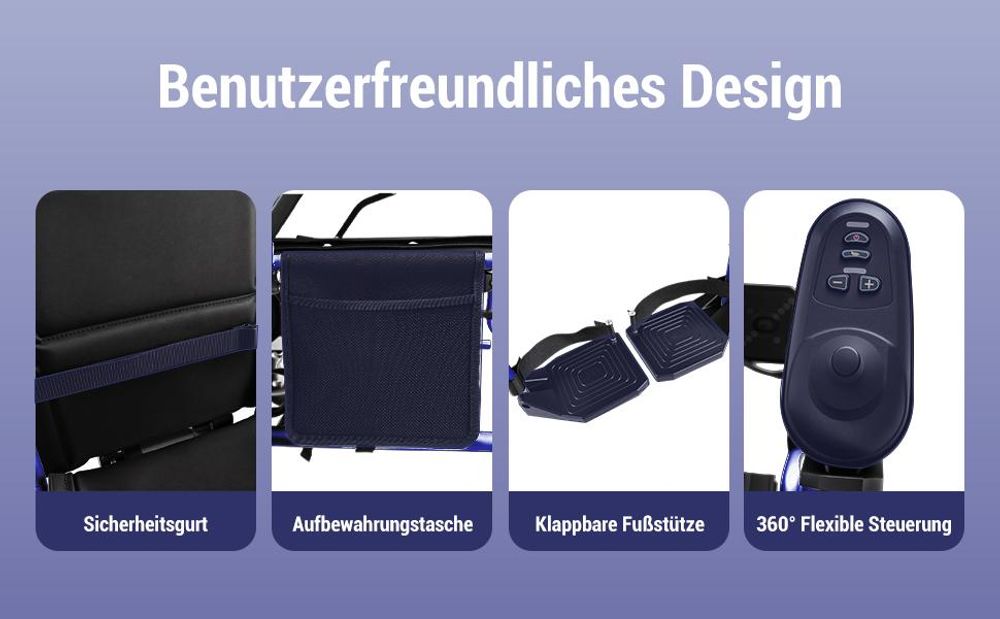 Elektrorollstuhl faltbar mit Joystick, Faltrollstuhl für Erwachsene, Armlehnen, Fußstützen, Sicherheitsgurt, bis 150 kg, Pflegealltag