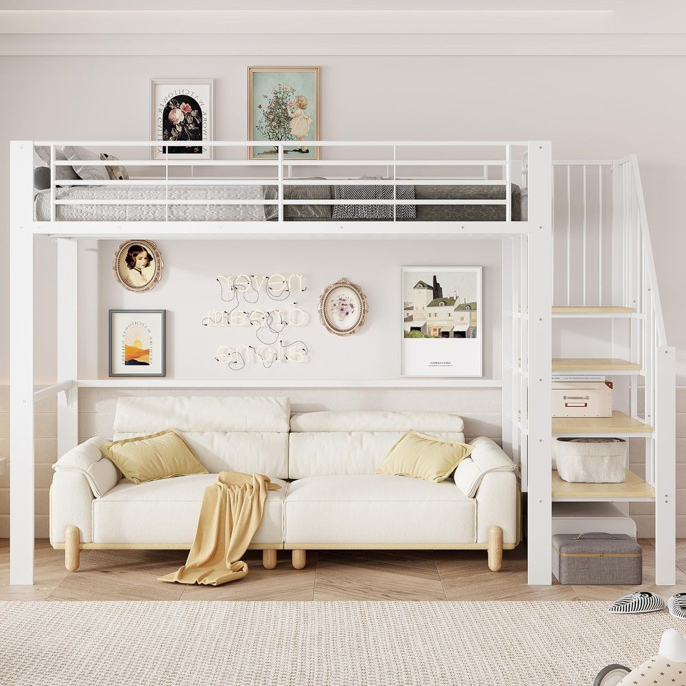 Flieks Hochbett 90x200cm mit Treppe, Etagenbett Kinderbett mit Rausfallschutz, Stockbett Metallbett mit Lattenrost, Einzelbett Kinder, Weiß
