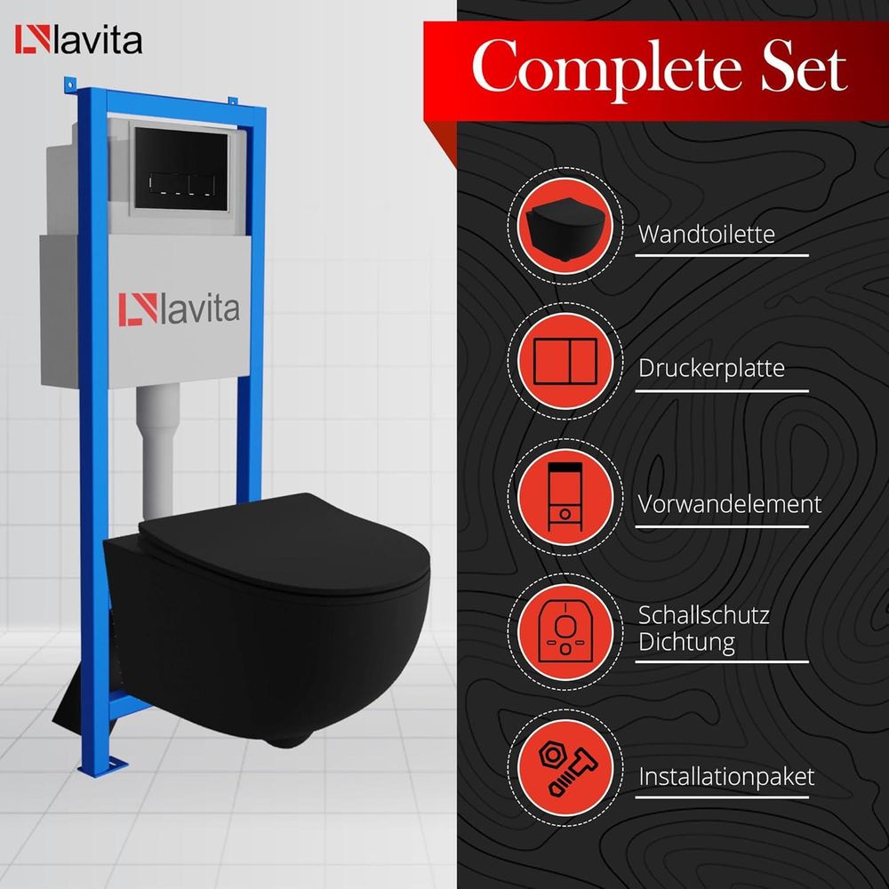 Lavita LAV 101 Vorwandelement für WC 40cm + Wand Hänge Tiefspül WC BRAVA Schwarz Spülrandlos + Bedienplatte LAV 200.3.4 Schwarz | Komplettset | Unterputz Spülkasten | Toilette Komplett Sett
