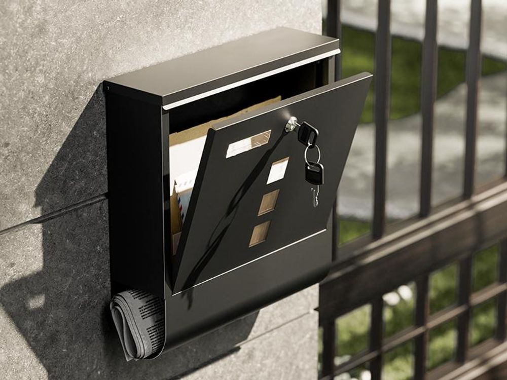 Wiltec Briefkasten mit Zeitungsrolle, schwarz, 305 x 100 x 338 mm, Wandbriefkasten mit Namensschild, Sichtfenstern, Schloss und Zeitungsrolle, Postkasten aus pulverbeschichtetem Stahl