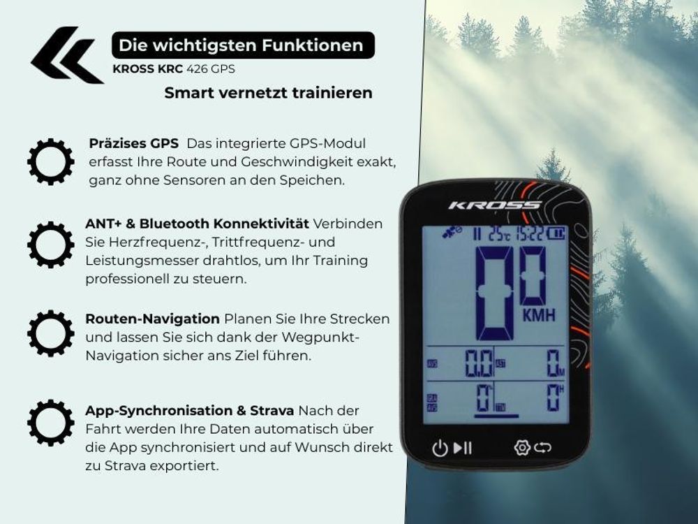 Kross KRC 426 GPS – kabelloser Fahrradcomputer mit 2,4" FSTN Display, IPX7, 20h Laufzeit & Höhenmessung