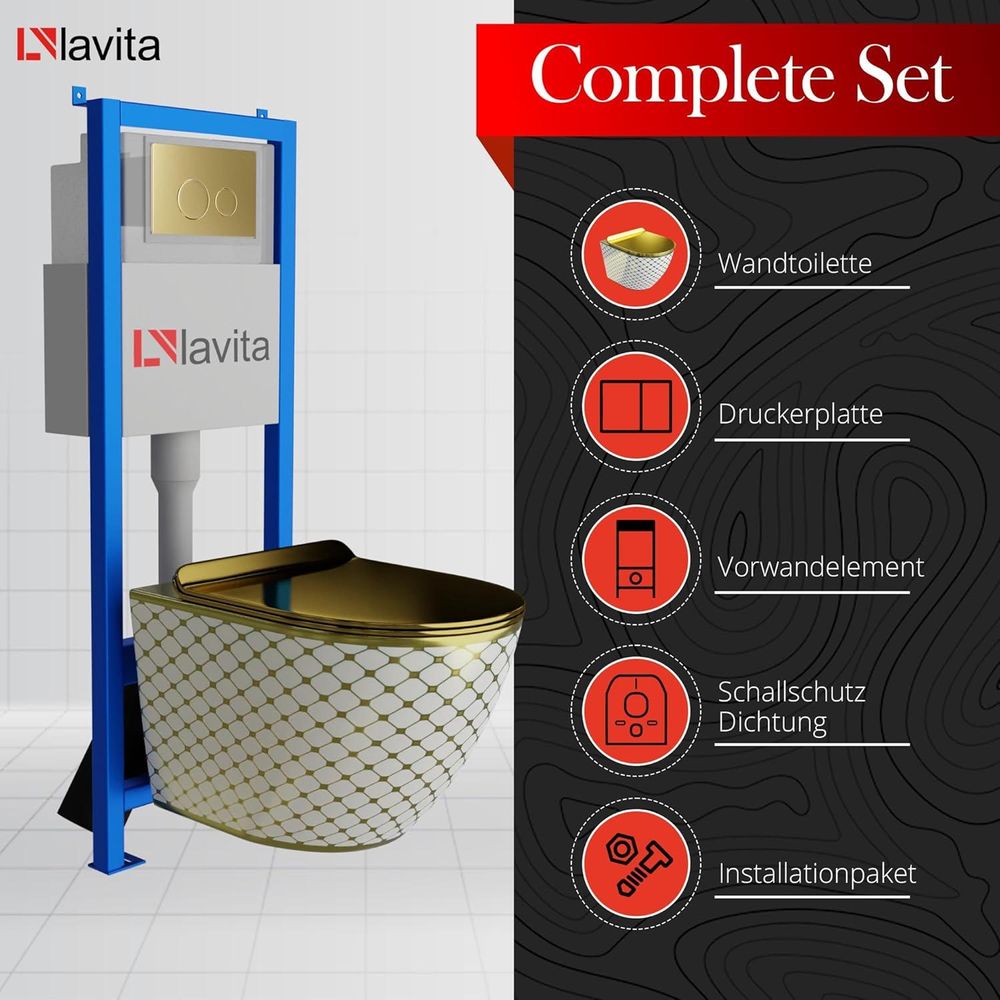 Lavita LAV 101 Vorwandelement für WC 40cm + Wand Hänge Tiefspül WC SOFI SLIM CHECKED GOLD Spülrandlos + Bedienplatte LAV 200.4.5 Gold | Komplettset | Unterputz Spülkasten | Toilette Komplett Sett