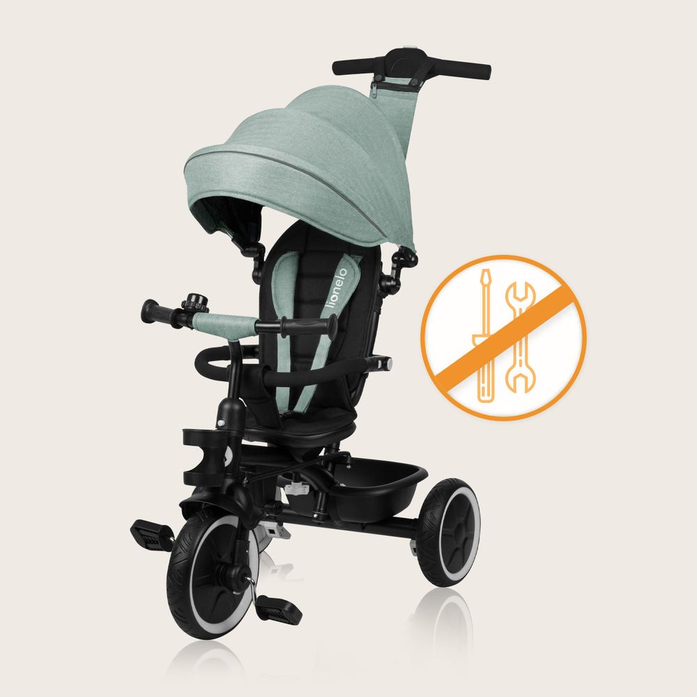 Multifunktionales Dreirad und Kinderwagen Lionelo Berry von 9 Monaten bis 5 Jahren bis zu 25 kg Große PolyurethanRäder, Dreirad-Drehsitz 360° Grün