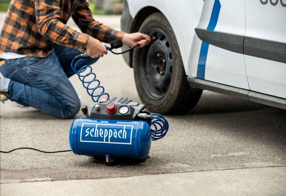 Das Bild zeigt den Druckluftkompressor bei der Anwendung, wie ein Reifen aufgepumpt wird.