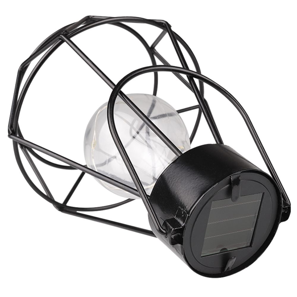 Dekorative Solarleuchte mit LED-Glühbirne im Metallkäfig.