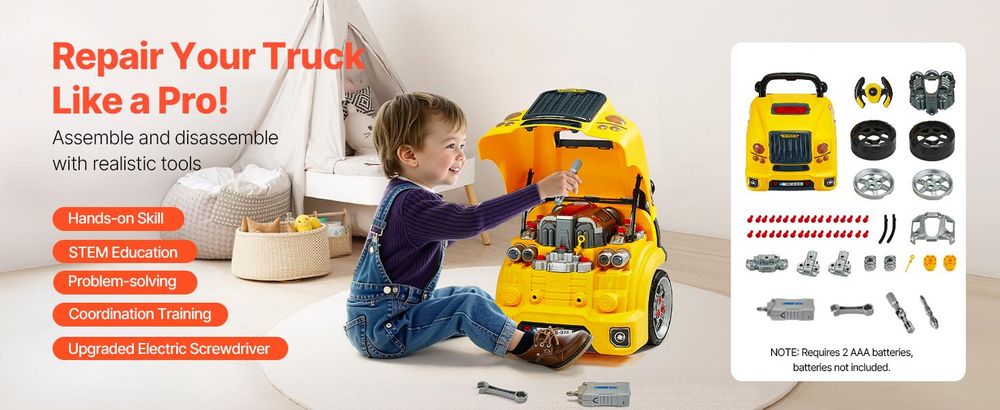 VEVOR Motor Spielzeug, 60 Teile, Kinder Mechaniker Auto Reparatur Set mit abnehmbaren Teilen, Lichtern und Geräuschen, Lenkrad und Hupe, Kinder Mechaniker Werkstatt Set für Kleinkinder ab 3 Jahren, Blau, Gelb