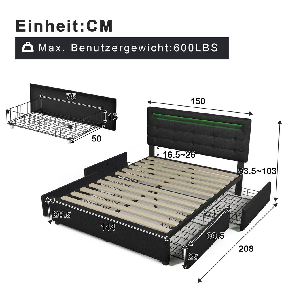 Flieks Polsterbett 140x200cm mit LED und höhenverstellbarem Kopfteil, Doppelbett mit Lattenrost und 4 Schubladen, Stauraumbett Leinen, Grau