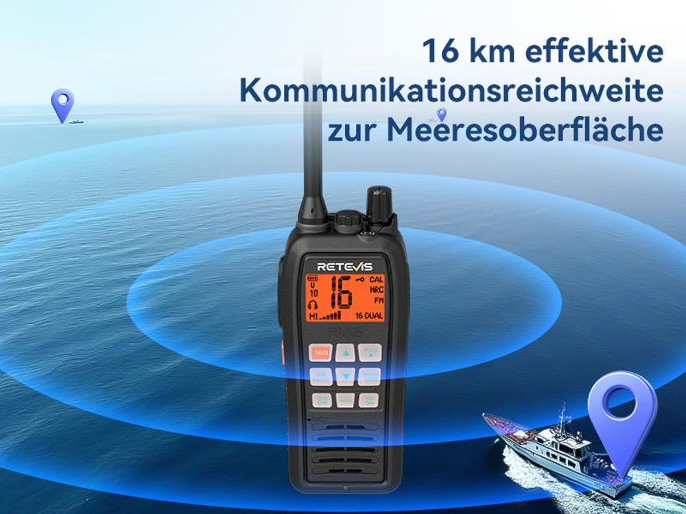 Retevis RM15 Seefunkgerät, Marine Walkie Talkie IP68, 2000 mAh Akku, Schwimmend, Vibration, 88 Kanäle, Handfunkgerät mit Lautsprecher für Bootfahren