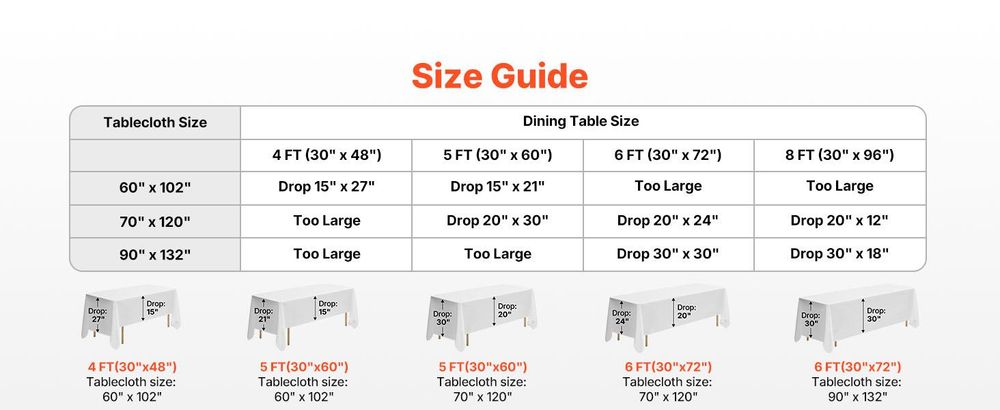 VEVOR Weiße Tischdecken für rechteckige Tische, 6er-Pack, 60 x 102 Zoll, wiederverwendbare und maschinenwaschbare Tischdecken, knitterfreies Polyestergewebe Tischüberzüge für Hochzeit, Party, Bankett, Weiß-10 Stück-c, 1524x2591 mm-a
