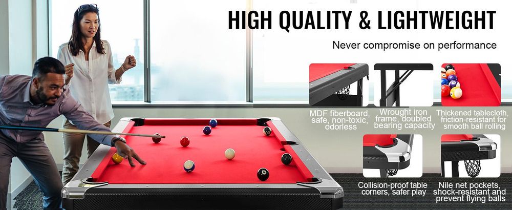VEVOR Billardtisch, 192 cm Pooltisch, tragbarer faltbarer platzsparender Tisch, Billardtisch-Set beinhaltet Kugeln, Queues, Kreide und Bürste, schwarz mit rotem Tuch, perfekt für das Familien-Spielzimmer für Kinder und Erwachsene, 214 cm, Rot-a