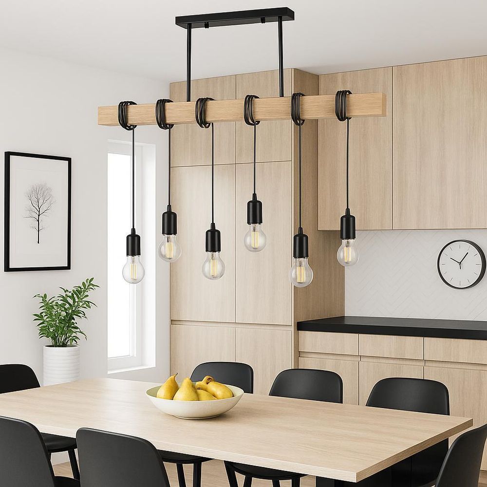 MasterLED Pendelleuchte Nido 6-flammig Holz Schwarz – E27 Hängelampe im Loft Design für Esstisch & Küche