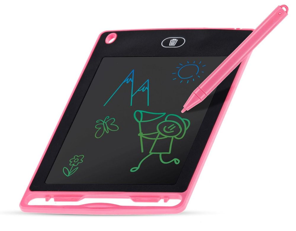 Tablet s barevnou kresbou dítěte a stylusem přiloženým k displeji.