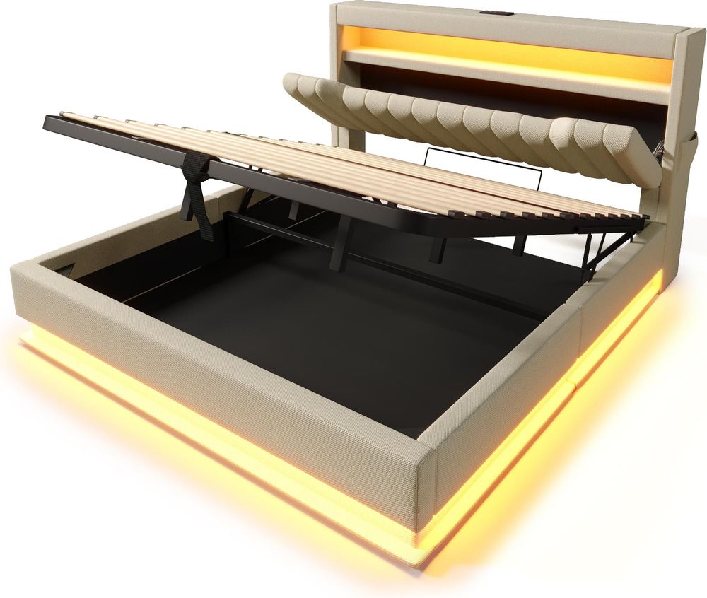 Flieks Polsterbett 140x190cm mit Ladefunktion (USB & Type-C), Doppelbett Jugendbett mit Led, Stauraumbett Boxspringbett mit Stauraum, Leinen, Beige
