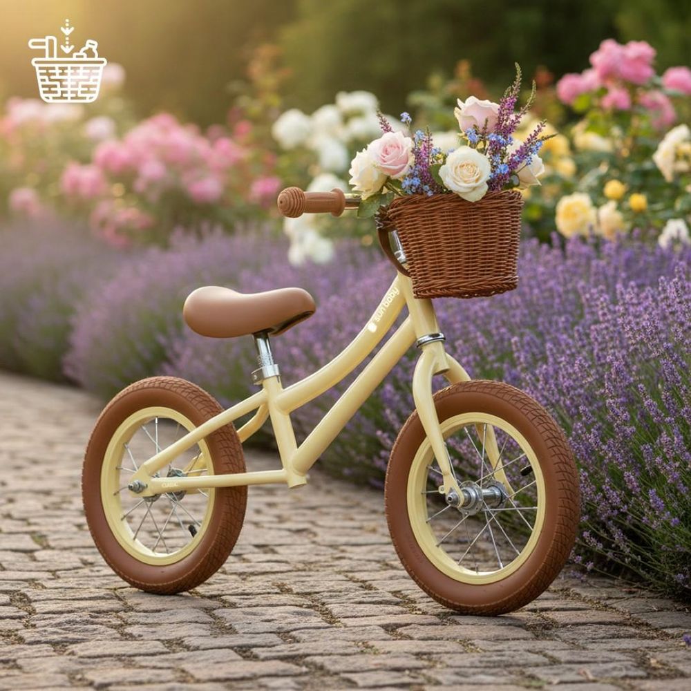 Sun Baby loopfiets met retro mandje gevuld met bloemen, geparkeerd op een pad.