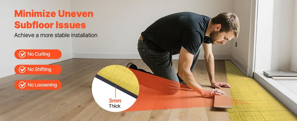 VEVOR Fußbodenunterlage 37,2 m², 3 mm Laminatbodenpolster mit angebrachter Dampfsperre, strapazierfähige Faser+PE-Folie, schalldämmend & geräuschreduzierend für Vinyl- & Holzböden (2 Rollen x 18,6 m²), 200 sq ft-3.0 mm-1 Volumen-IXPE