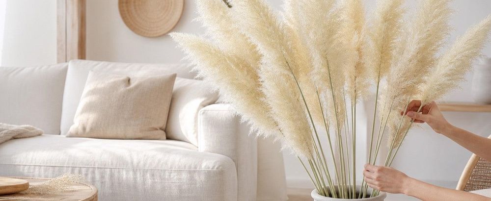 Hände arrangieren geschnittene Wedel in Bodenvase, helles Boho-Interieur.