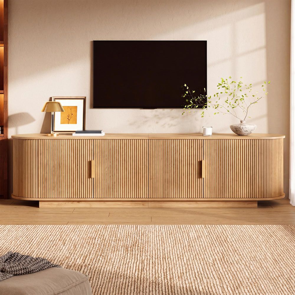 Merax TV-Schrank mit 4 Türen, TV Lowboard mit Wellenstruktur und Metallgriffen, TV-Board Wohnzimmerschrank aus MDF und Spanplatte, Natur