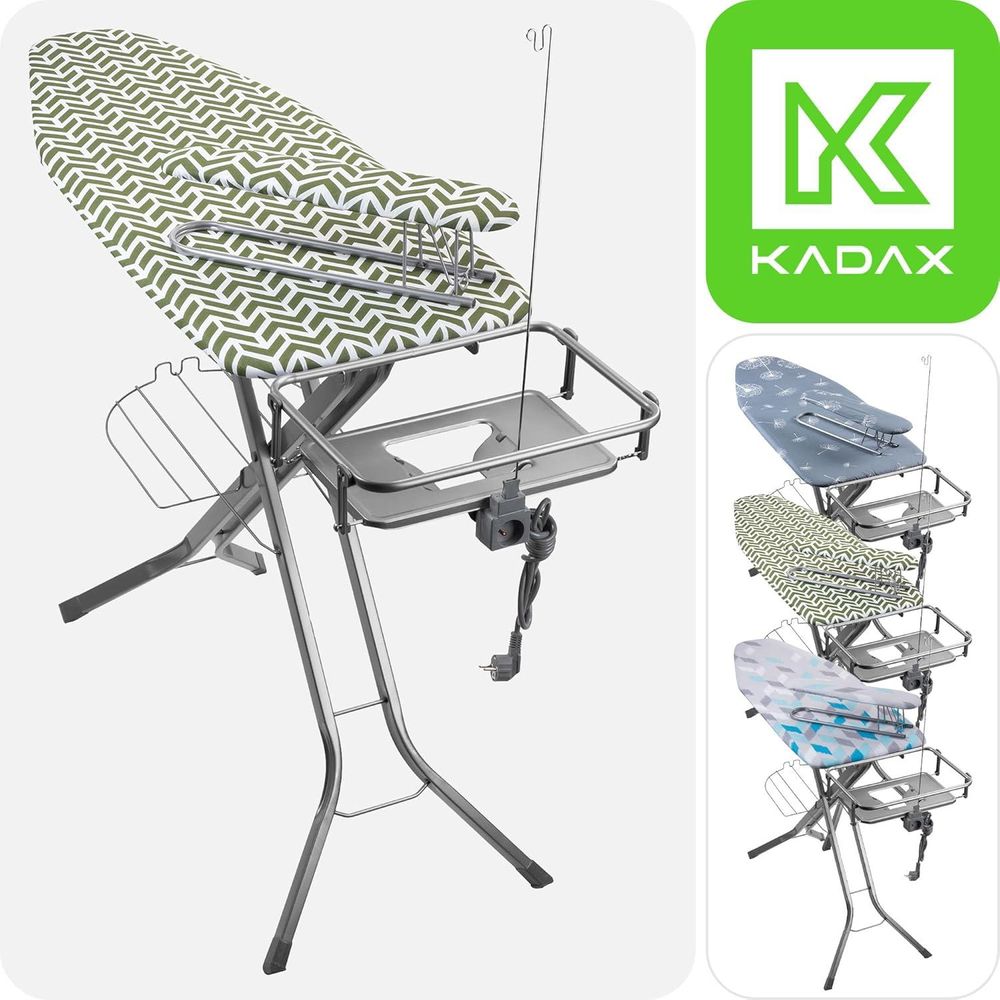 KADAX Bügelbrett mit Steckdose "Aleglo", Bügeleisenablage und Ärmelbügeltisch, 130cm, Grün