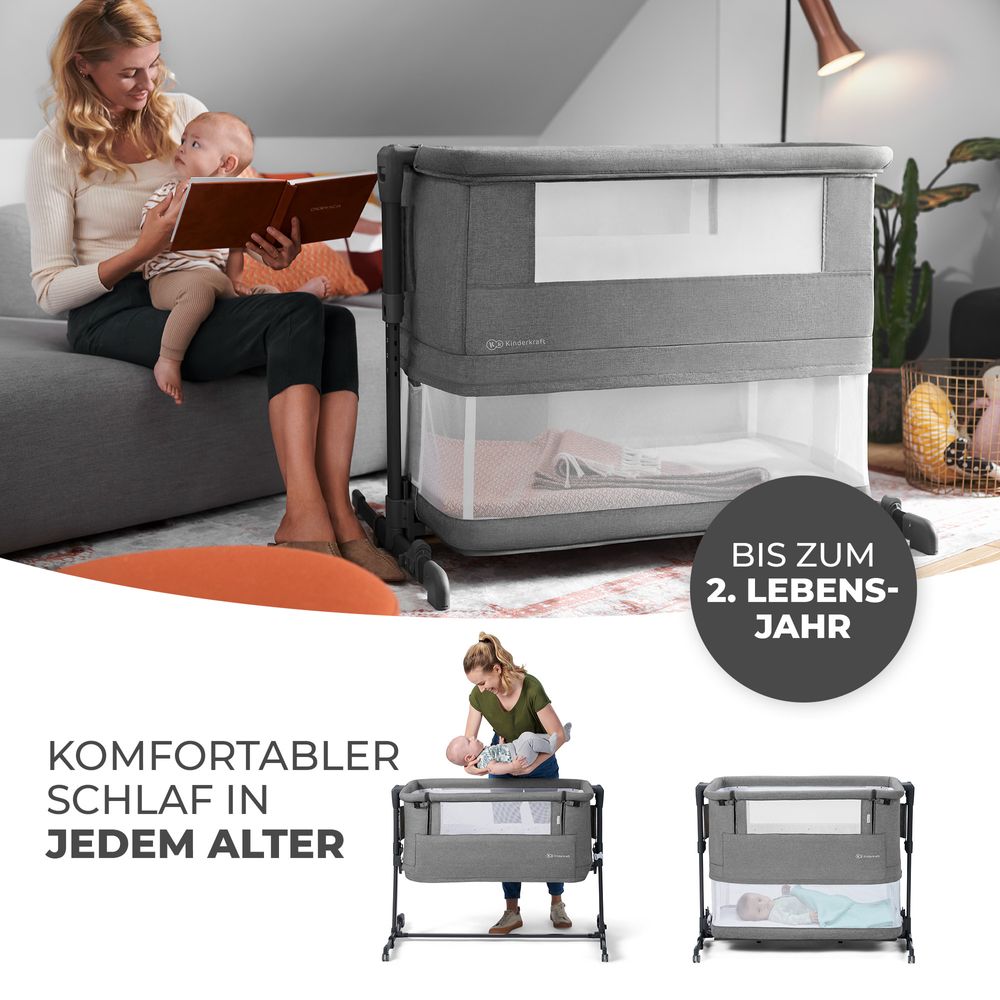 Kinderkraft NESTE GROW - 3-in-1 Beistellbett - höhenverstellbar - 2-stufige Neigung - für Babys bis 2 Jahre - inkl. Matratze - Beige