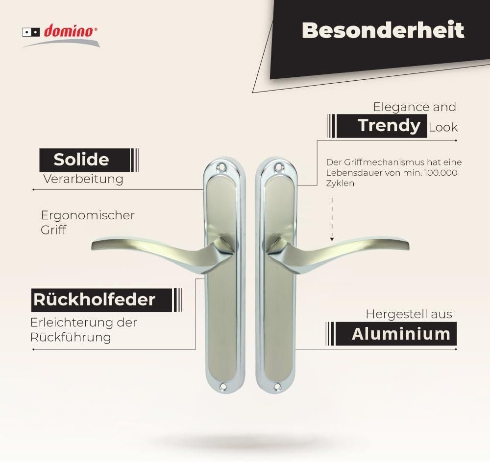 DOMINO Türgriff Blind Drückergarnitur | Langschildgarnitur | Türklinke für Zimmertür, Bürotür, Kellertür & Innentür | L-Form | Türbeschläge aus Aluminium |Silber Türdrückergarnitur | ENIGMA M6/M9
