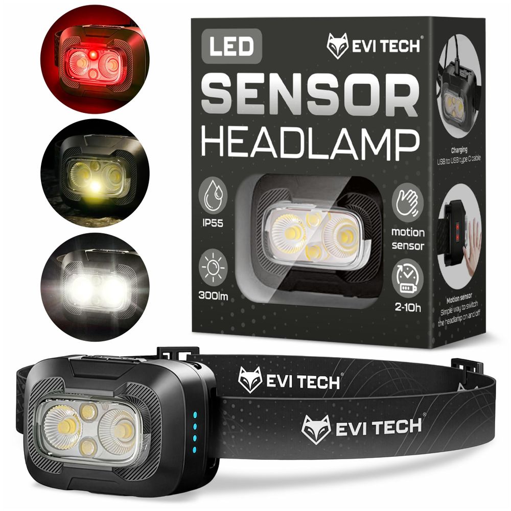 EVI TECH WaveBeam 300 LED Stirnlampe Schwarz Akku USB-C Bewegungssensor 300lm Wasserdicht IP55 Kopflampe mit Rotlicht Outdoor Laufen Camping