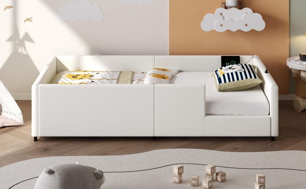 Merax 90x200 Polsterbett Kinderbett 90x200, mit gepolstert, Schutzgeländer, USB & Typ C, Jugendbett, Softbett, Flachbett, Bodenbett, PU, weiß
