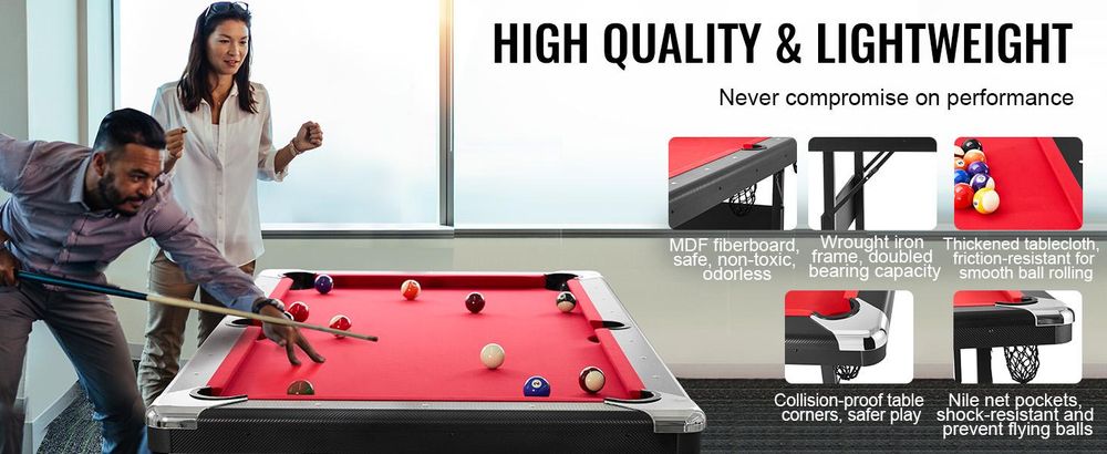 VEVOR Billardtisch, 192 cm Pooltisch, tragbarer faltbarer platzsparender Tisch, Billardtisch-Set beinhaltet Kugeln, Queues, Kreide und Bürste, schwarz mit rotem Tuch, perfekt für das Familien-Spielzimmer für Kinder und Erwachsene, 190 cm, Rot