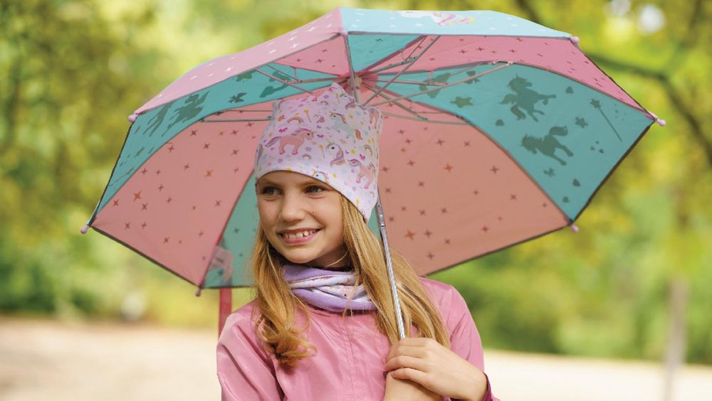 HECKBO Kinder Regenschirm Hai – Farbwechsel bei Regen, vollreflektierend, Holzgriff, mit Namensschild