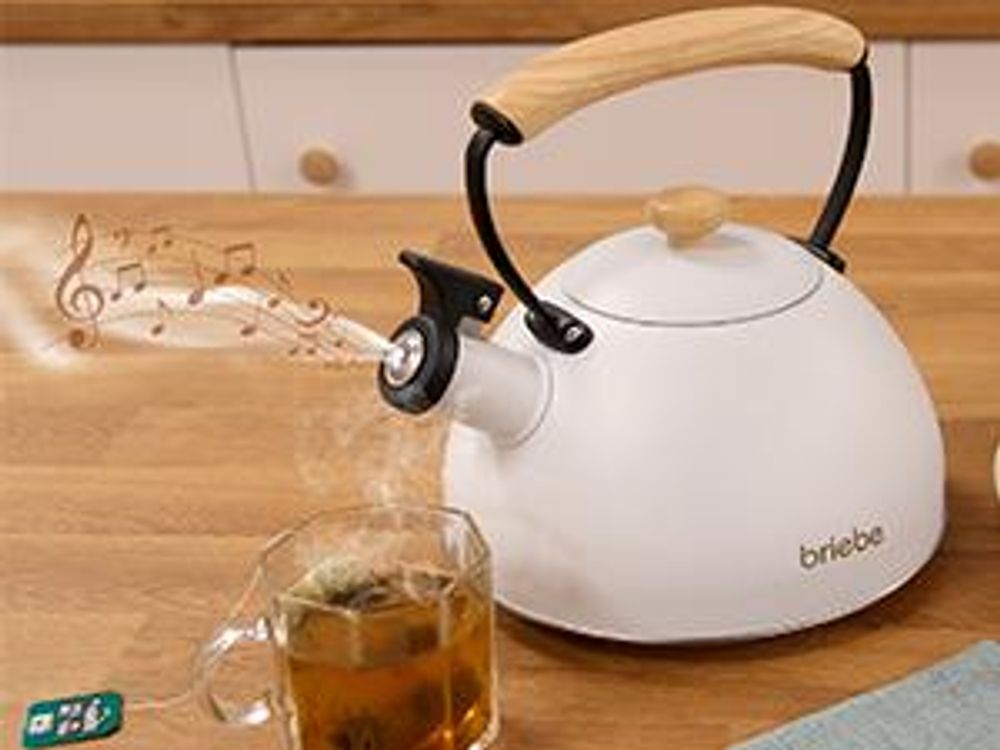 Briebe Nordic Wasserkessel Induktion Flötenkessel 2,3L Edelstahl, Holzgriff Weiß