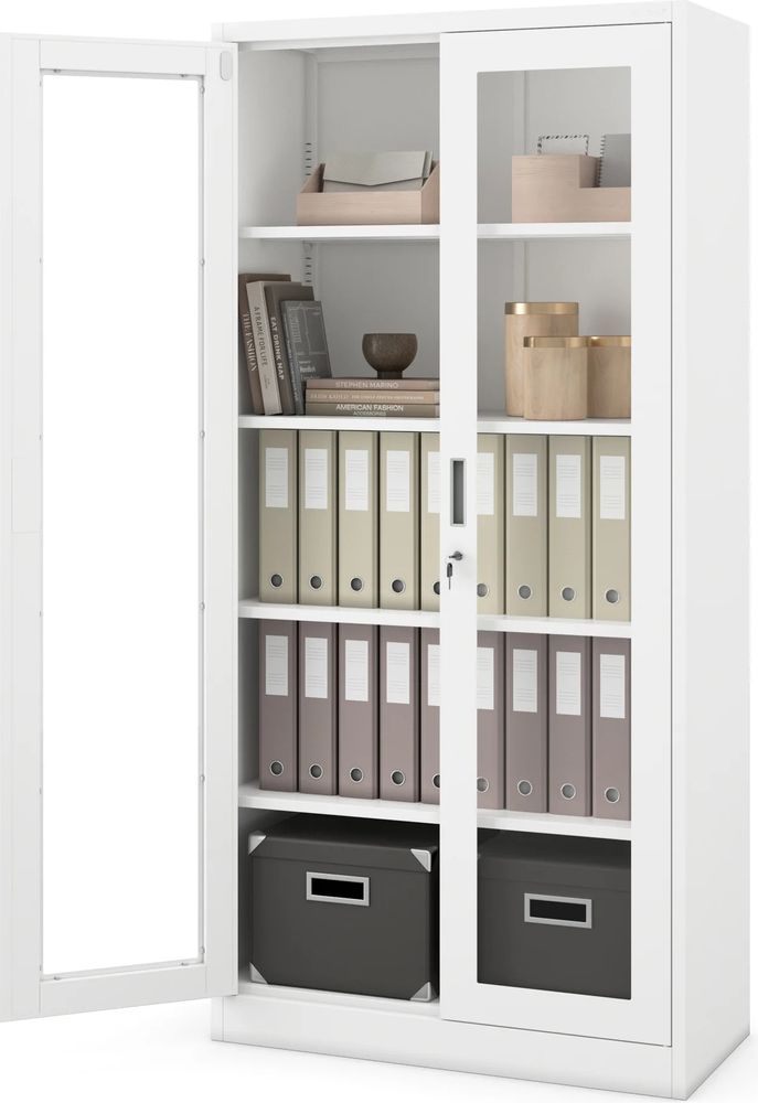Aktenschrank Medizinschrank Büroschrank Flügeltürschrank Glasvitrine 4 Fachböden Stahl Abschließbar 185 cm x 90 cm x 40 cm Farbe: Weiß