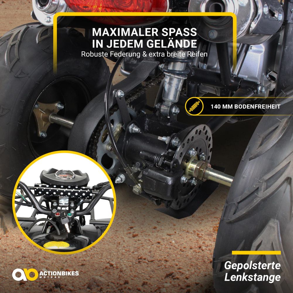 Jugendquad S-8 Farmer Benzin Quad | Midiquad - Miniquad - Pocket Bike - Pocketquad - Automatik - Not-Aus-Leine - Alarmanlage - Offroad Quad (Schwarz)
