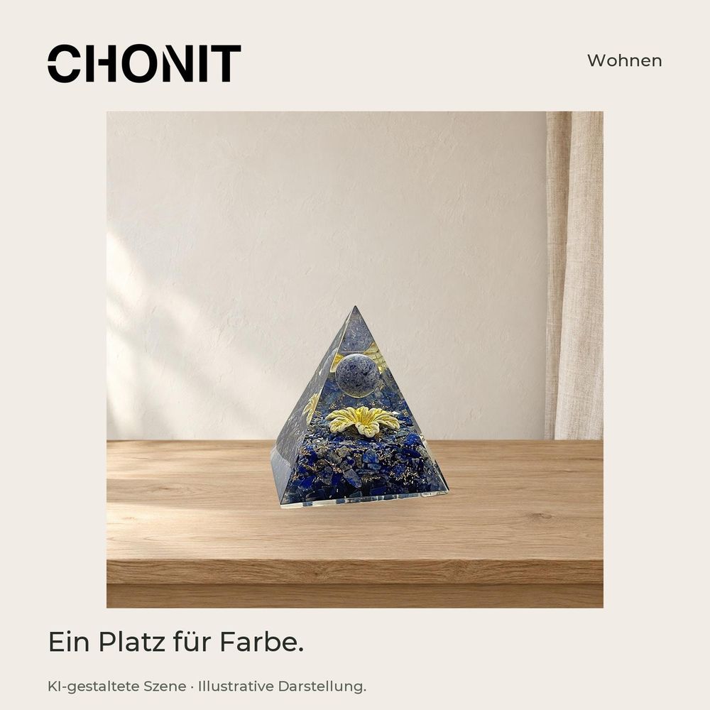 Orgonit-Pyramide „Blume“, blau-gelb – Gestaltung und Ausführung