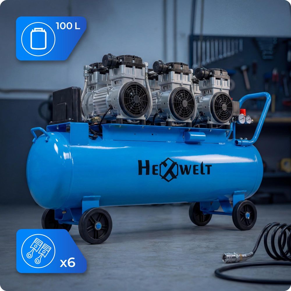 Compresseur sans huile HW-KBO-6T-100L - 100 L, 6 cylindres, 576 l/min, 8 bar, 3,3 kW, 230 V, cylindres en fonte, mobile pour atelier et industrie