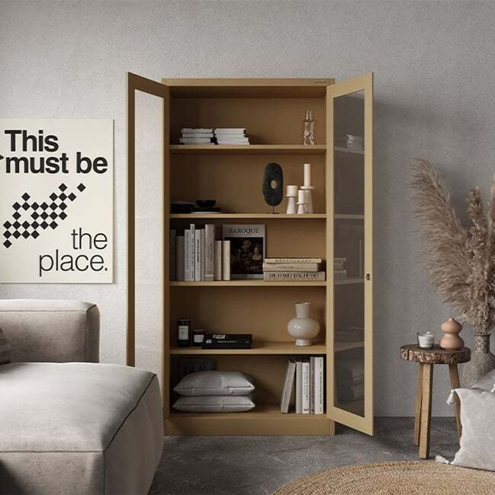 Jan Nowak Aktenschrank Medizinschrank Büroschrank Flügeltürschrank Glasvitrine 4 Fachböden Stahl Abschließbar 185 cm x 90 cm x 40 cm Farbe: Beige