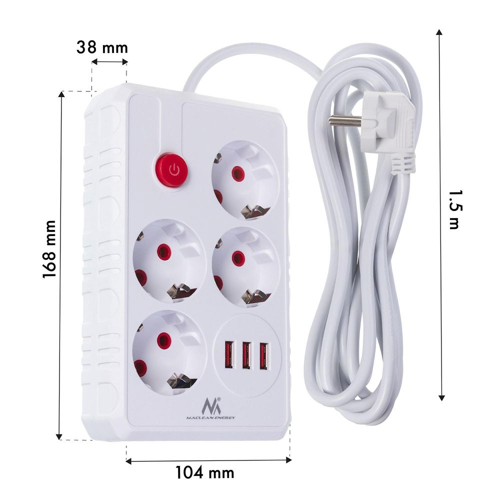 Steckdosenleiste 4 Steckdosen 2500W 3xUSB weiß 1,5m