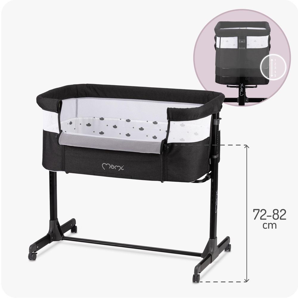 MoMi REVO – 2-in-1 Beistellbett & Babybett, höhenverstellbar mit Neigungsverstellung, inkl. Matratze, Spielzeug & Moskitonetz – Dunkelgrau