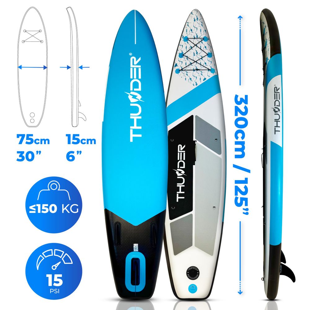 THUNDER® Stand Up Paddle Board | MARIS | 320x75x15cm | BLUE | Bis 150kg | Komplettset | Aufblasbar | Paddleboard | SUP Zubehöre | Kajak Sitz |