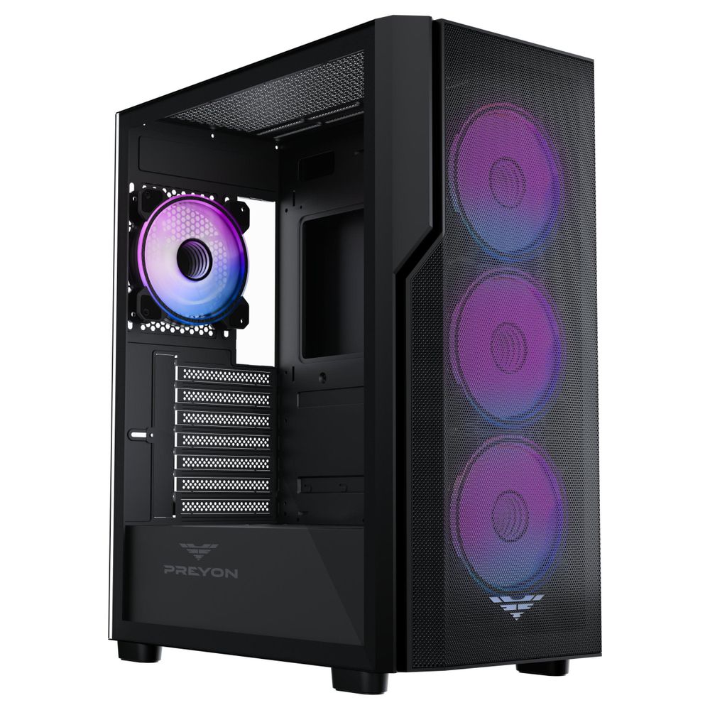 PREYON Nest Aero Gaming PC Gehäuse – E-ATX Midi Tower mit 4x120mm ARGB PWM Lüftern & Controller – Tempered Glass Sichtfenster, Mesh-Front, Staubfilter
