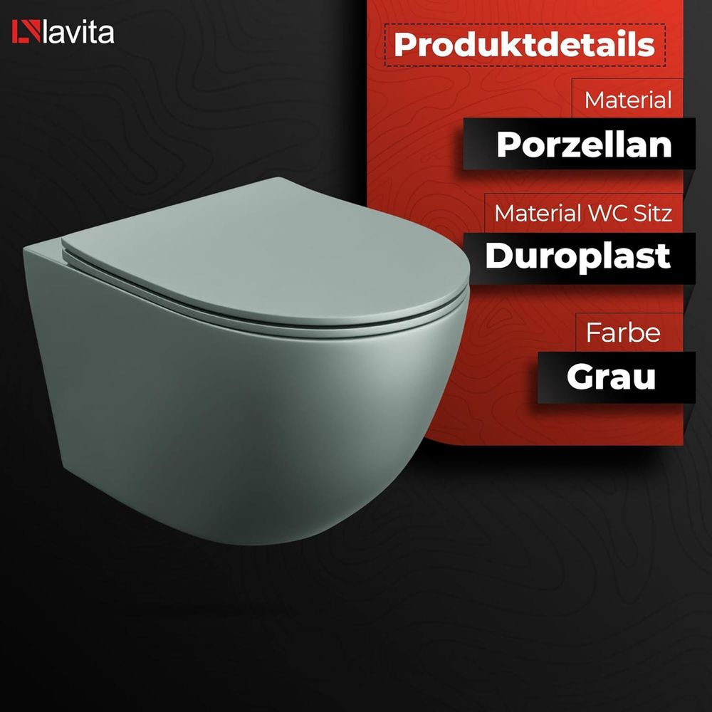 LAVITA Wand-WC Sinto Grey | HŠnge Toilette | Toilettendeckel mit Absenkautomatik & Metallscharniere | Toiletten SpŸlrandlos HŠngend | Toilettenbecken | 365x490x395 cm | Grau