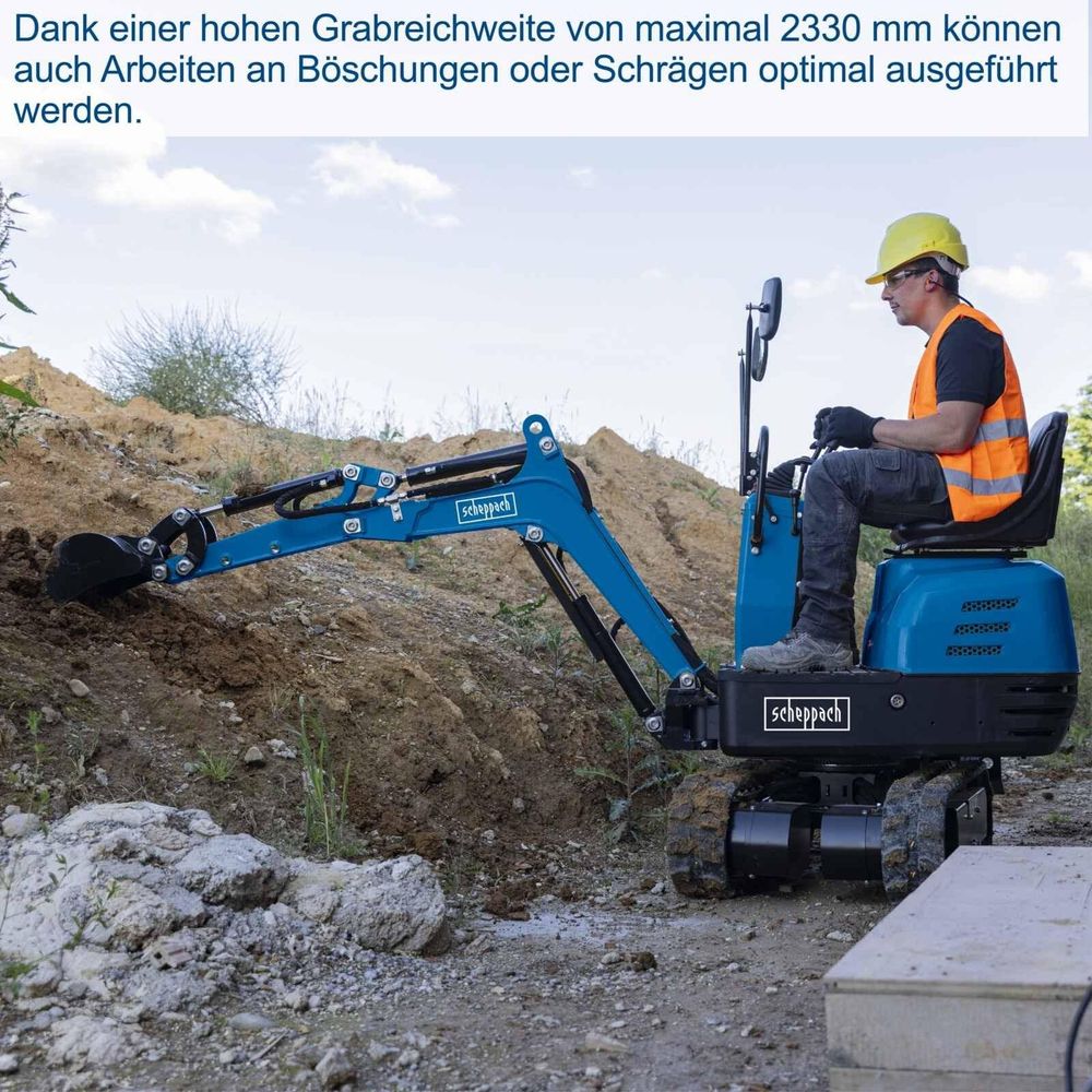 Das Bild zeigt eine Person bei der Arbeit mit dem Mini Bagger von Scheppach.